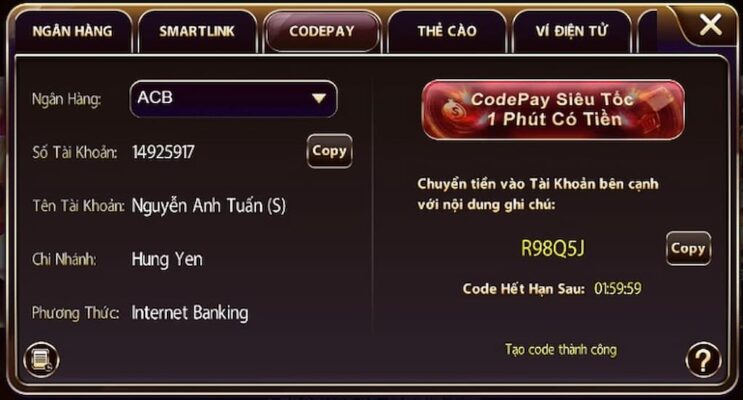 Nạp tiền thông qua code pay thực hiện nhanh chóng